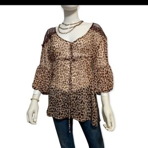 BCBGMaxAzria Size M Women's Brown Animal Print & Lace Top Puff Sleeves
